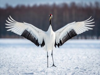Obraz premium Elegant Red-Crowned Crane Spreading Wings in Winter Landscape, Nature Photography, Scenic Environment, Majestic Viewpoint