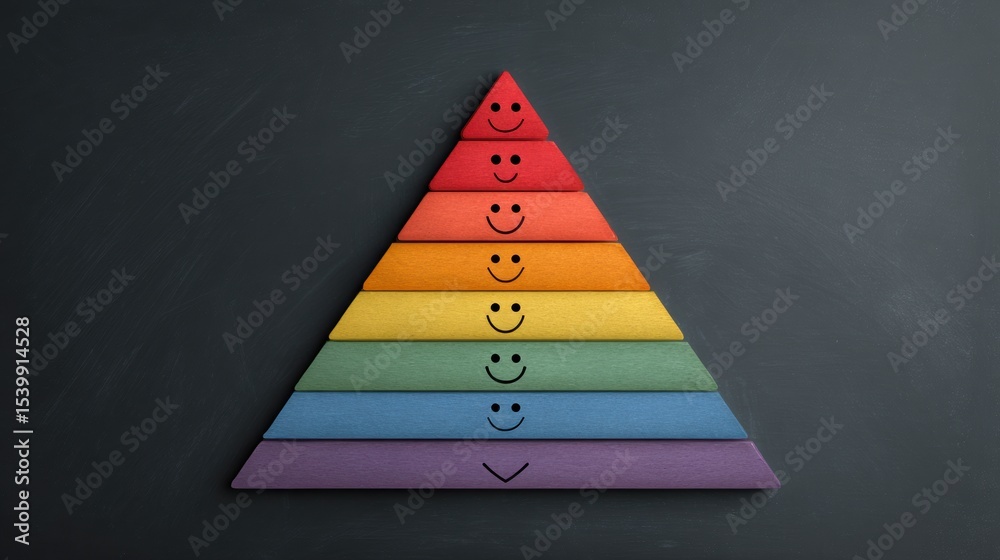 Poster pyramid of emotional needs illustrating different stages of well-being using colorful layers and smi