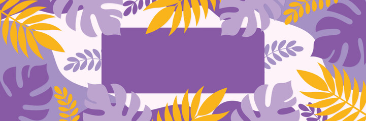 Obraz premium banner with tropical leaves and copy space for text in violet colors vector illustration.
