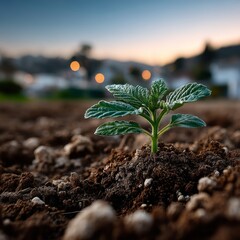 Single green seedling sprouting from pale beige earth under warm sunlight