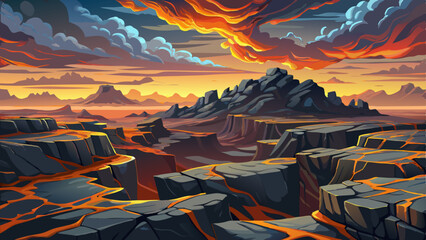 Volcanic rock fields beneath dramatic cloudy skies textured vector landscape perfect for themes of geology, natural forces, lava terrain, and rugged outdoor scenes