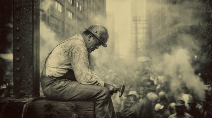 African-American steelworker hammering a metal beam in an industrial factory with steam