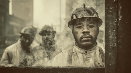 Low angle shot of an African-American steelworker hammering metal beam in factory