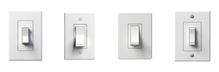 Collection of modern white light switches on walls, isolated on a transparent background
