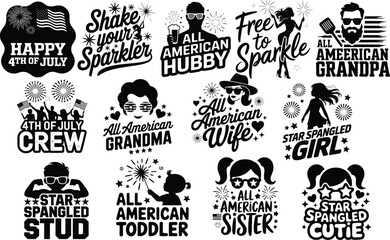 4th of July Silhouette Typography T-Shirt Design Bundle – Patriotic Quotes with Fireworks, American Flags, Stars and Sparkler Themes for Family Matching Shirts – Retro USA Independence Day Graphic