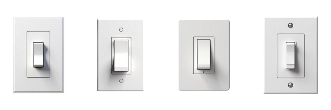 Collection of modern white light switches on walls, isolated on a transparent background