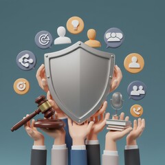 Data Security and Legal Protection: A 3D Render of Hands Holding a Protective Shield with Legal and Communication Icons