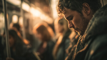 Lonely man feeling sadness while riding public transport