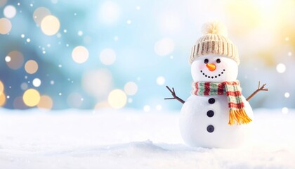 Snowy Bokeh Background with Cute Snowman, Winter Holidays, Festive Season Snowman, Winter