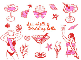 Set of Beach Bachelorette illustrations, Sea shells and Wedding bells Coastal Hen party vector doodles, Whimsical Oyster Martini Drink glasses for Bachelorette invitations, itinerary and T-shirts
