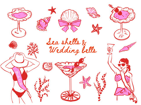 Set of Beach Bachelorette illustrations, Sea shells and Wedding bells Coastal Hen party vector doodles, Whimsical Oyster Martini Drink glasses for Bachelorette invitations, itinerary and T-shirts