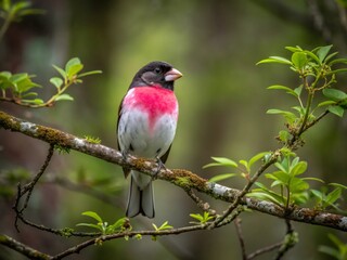 Fototapeta premium A male Rose-breasted Grosbeak with its vibrant red chest perched on a mossy branch in a lush green forest.