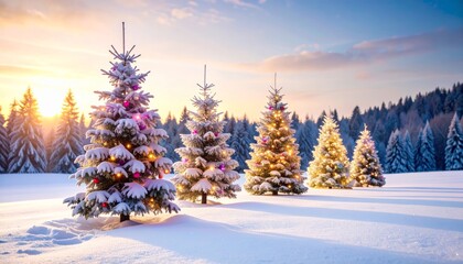 Snowy Sunset Christmas Trees, Winter Wonderland, Holiday Lights, Christmas Decor, Festive Season, Christmas Trees, Winter Scene