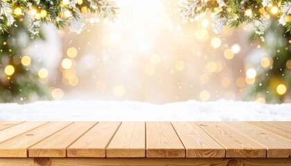 Snowy Winter Wooden Table with Lights, Christmas, Holiday Winter scene, Holiday backdrop
