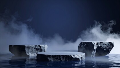 Stone Platform in Misty Water, 3D Render,Product Display Product Photography, Mockup