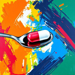 Acrylic painting of a pill on a spoon, with colorful abstract brush strokes background