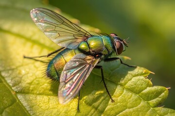 Obraz premium Vibrant green fly on a leaf in sunlight