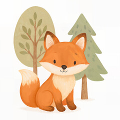 Naklejka premium Cute Woodland Fox in the Forest, Fox illustration