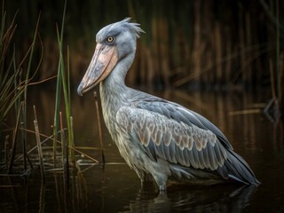 Breathtaking Action Shot of a Striking Pelican in Marshy Waters at Dusk, Nature Photography, Serene Environment
