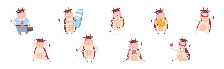 Obraz premium Funny Cow Character with Horn and Udder Enjoy Different Activity Vector Set