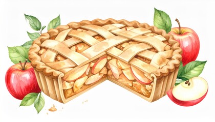 Watercolor Apple Pie with Lattice Crust and Apples, Autumn Dessert,Baking Apple pie, Watercolor painting
