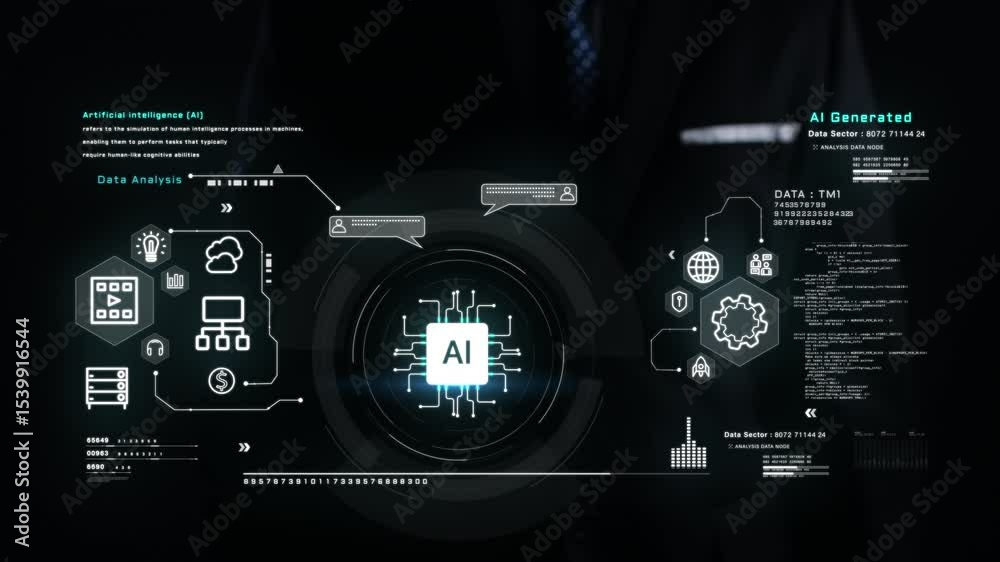 Poster businessman interacts with virtual ai interface, futuristic hud with data, analytics, and machine le
