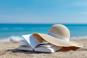 A straw hat rests atop an open book, positioned invitingly on a sandy beach with a sun-kissed and serene seascape in the distance. The scene evokes a feeling of tranquility and escape.