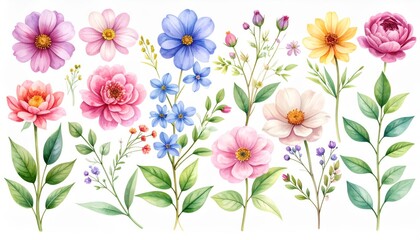 Watercolor Floral Collection Pink, Blue, Yellow Flowers, Botanical Illustration, Spring Bouquet, Floral Design Floral Design, Watercolor Painting