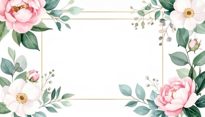 Watercolor Floral Frame Pink Roses, White Blooms, Gold Border, Invitation Template, Floral Design Wedding invitation, floral arrangement