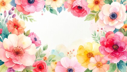 Watercolor Floral Frame Pastel Blossoms and Greenery, Floral Design, Watercolor Painting