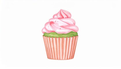 Watercolor Pink Frosting Green Cupcake, Dessert, Bakery cupcake, watercolor