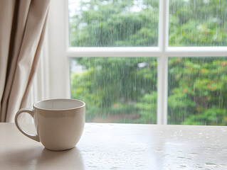 Empty white coffee cup sits on wet table by window with rain falling outside, creating calm and cozy atmosphere on rainy day