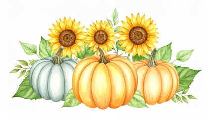 Watercolor Pumpkins Sunflowers Autumn Fall Harvest, Fall Decor, Autumn Leaves