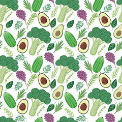 Seamless pattern with vegetables, healthy ingredients