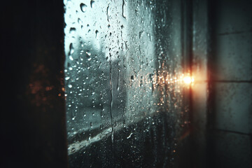 Water Droplets Forming Trails on a Dark Vertical Window – Moody Rain Texture with Transparent Streaks and Reflection