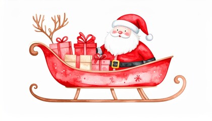 Watercolor Santa in Red Sleigh with Gifts, Christmas Illustration, Holiday Season Christmas, Santa Claus