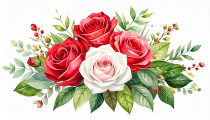 Watercolor Red and White Rose Bouquet Floral Arrangement, Roses, Watercolor