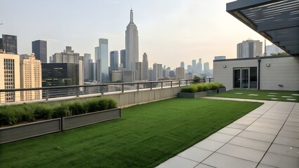 Urban rooftop covered in artificial grass, city skyline in background, green meets concrete