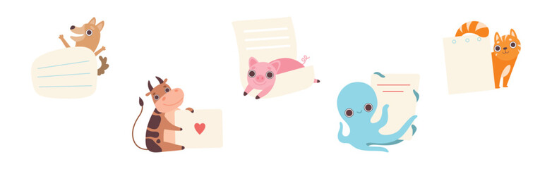 Funny Animal Character Holding Banner or Placard Vector Set