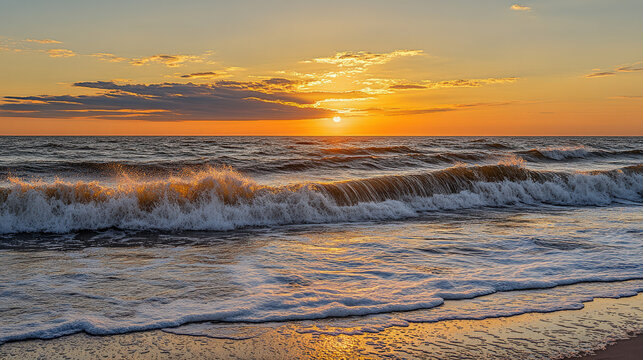 Tranquil ocean view with calm waves under golden sunset, minimalist seascape with copy space, conveying peace, relaxation and freedom of coastal life.
