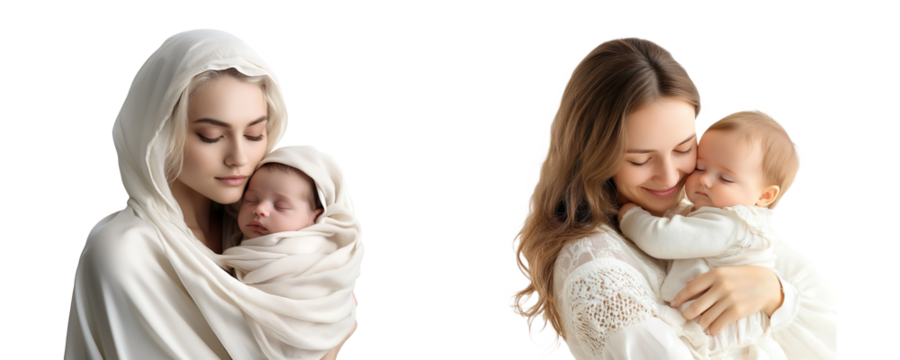 Collection of mothers hugging newborn babies, isolated on a transparent background