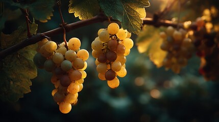 Two golden grape bunches hang from the vine branch