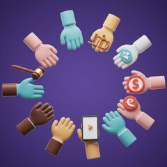Global Collaboration: Diverse Hands Unite Around Digital Icons and Legal Symbol, Representing International Business and Legal Cooperation