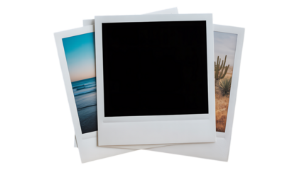 Pile of retro style white polaroids with pictures of beach, desert landscape, and a blank frame