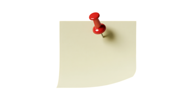Red push pin attached to a yellow note isolated on a dark black background