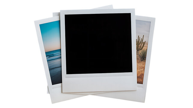 Pile of retro style white polaroids with pictures of beach, desert landscape, and a blank frame