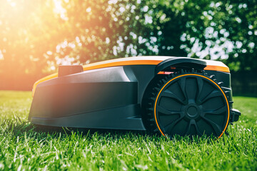 Automatic robotic lawn mower on a green lawn close-up. Grass lawn mower robot in sunny summer day
