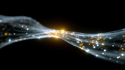 An abstract representation of a digital network or data stream is depicted. The image showcases luminous particles of light, evoking the essence of technological progress.