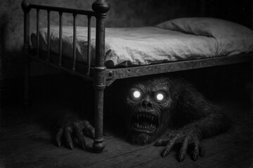 Monochrome horror: A terrifying creature with glowing eyes and sharp teeth lurks menacingly under an old bed in a dark, shadowy room. Childhood nightmare concept.