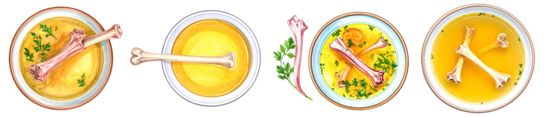 Delicious soup ingredients in bowls, showcasing broth and garnishes ready to serve.